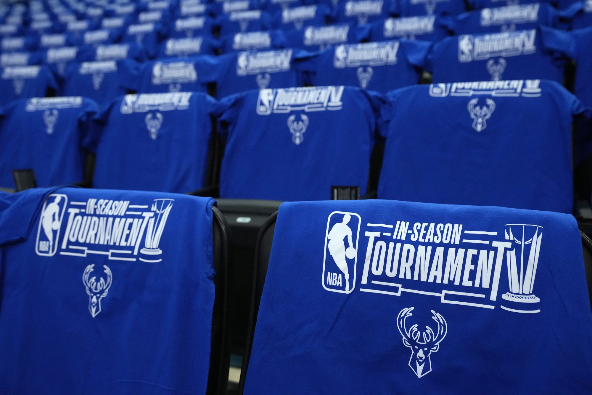 A general view of ee shirts with the NBA In Season Tournament logo prior to the game between the New York Knicks and Milwaukee Bucks e1702588262711 oQXfD4 sports