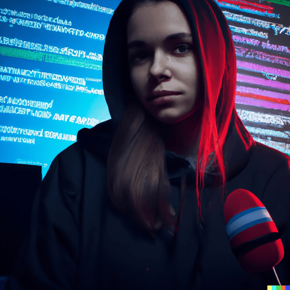 DALLyE 2023 12 21 19.05.29 hacker in a hoodie declining press interview red blue black futuristic transformed Ljsk2v media
