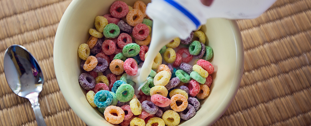 milk on colourful cereal food